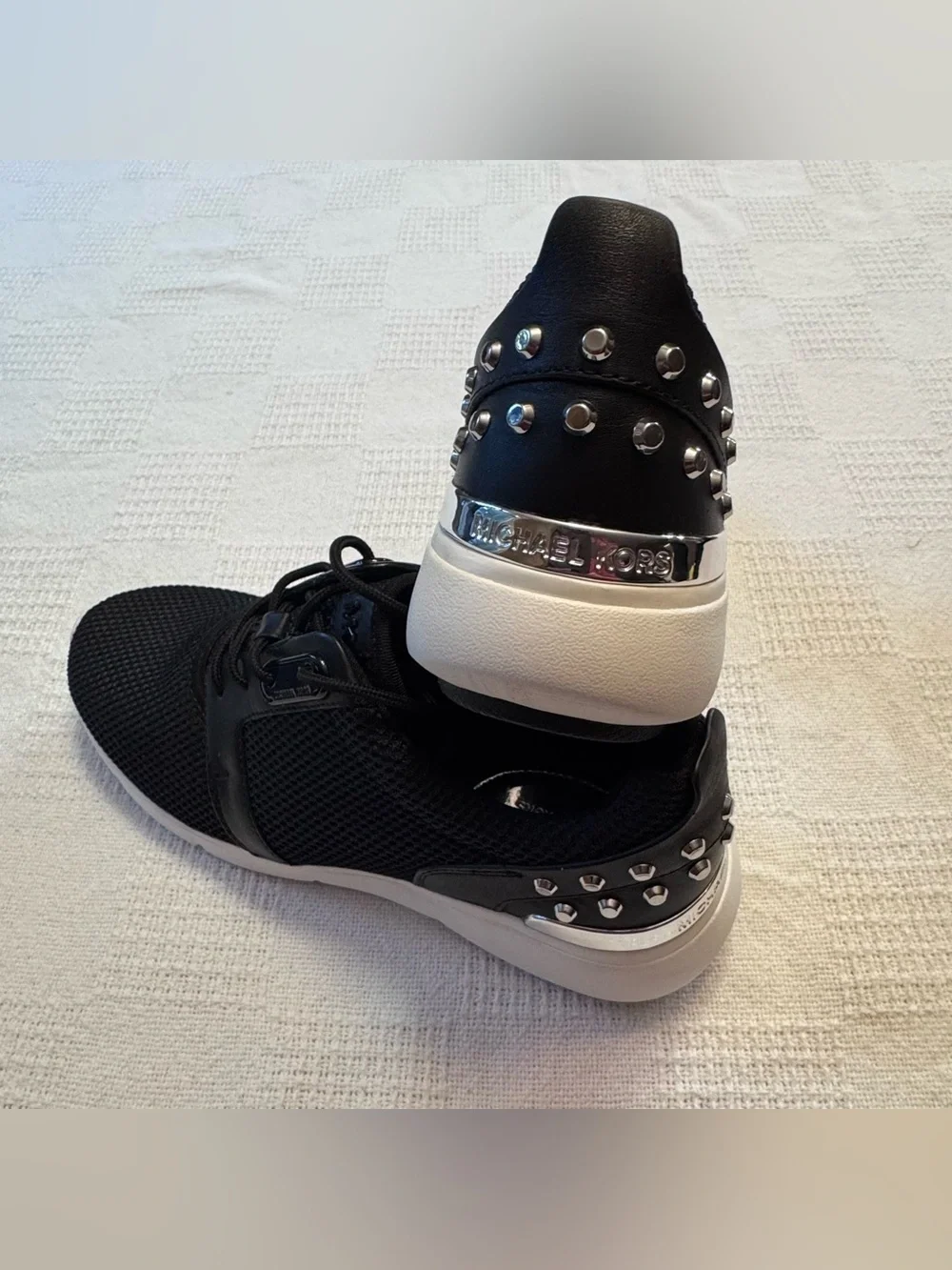 Michael Kors Sneaker Mesh Leather Astor Trainer 7.5M Black Silver Studded